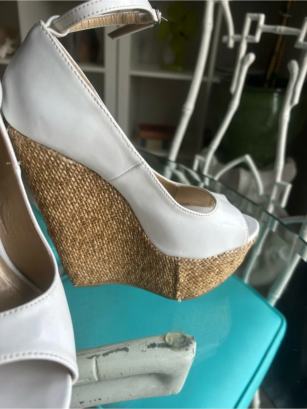 JustFab White Espadrille Wedge Peep-Toe with Ankle Strap